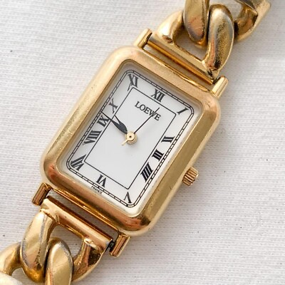 #ad LOEWE Vintage gold face white dial brown belt Quartz Ladies Watch used