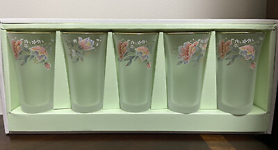 #ad Narumi Japan Fine China Glass Set Of 5 Glasses In Box Clear Gold Trim Floral