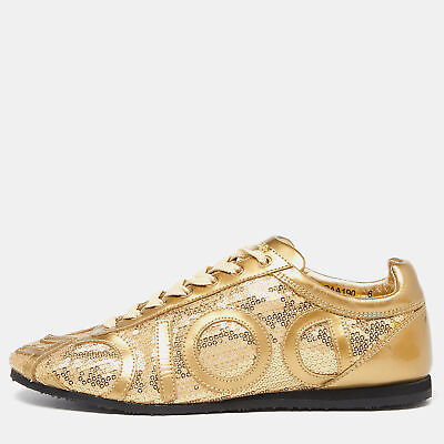 #ad Dolce amp; Gabbana Gold Patent Leather and Sequin Embellished Low Top Sneakers