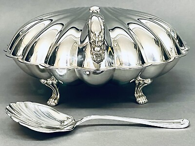 #ad Stunning Vtg Scallop Shell Reed amp; Barton Serving Dish With Spoon Silver Plated
