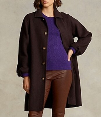 #ad Polo Ralph Lauren Coat Brown Oversized Face Car Overcoat Wool Women Sz L NWT