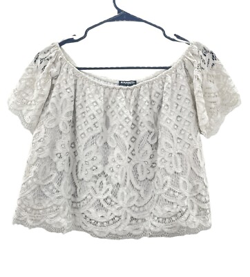 #ad EXPRESS Womens Crochet Lace Off The Shoulder Crop Top Short Sleeve White Small