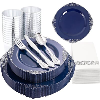 #ad Hioasis 175pcs Blue Plastic Plates Blue and Silver Plastic Plates Disposabl