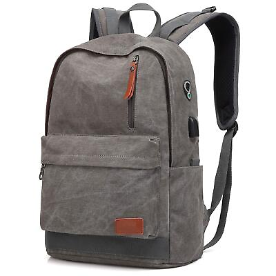 #ad Canvas Laptop Backpack Waterproof College Backpack With USB Charging Port Fo...
