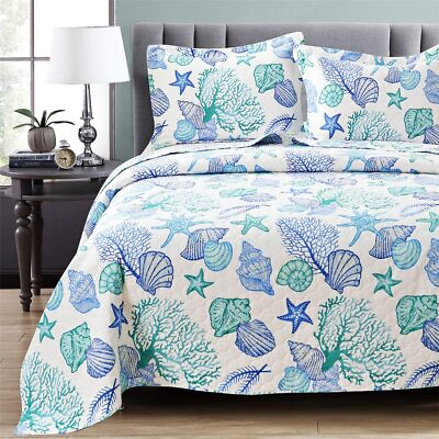 #ad Junsey Beach Quilts Set Full Queen Size Ocean Theme Bedspreads3Pcs Seashell Con