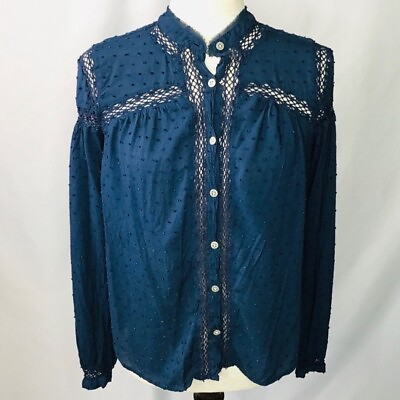 #ad Free People Size Small Blouse Every Day Girl Boho Cottage Victorian Lace Blue UO
