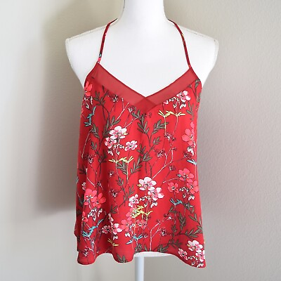 #ad EXPRESS NWOT Red Floral Blouse V Neck w Mesh Detail Spaghetti Strap Size Small
