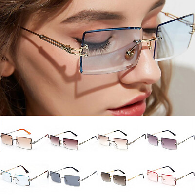 #ad #ad Fashion Women Rectangle Gradient Glasses UV400 Eyewear Rimless Sunglasses C