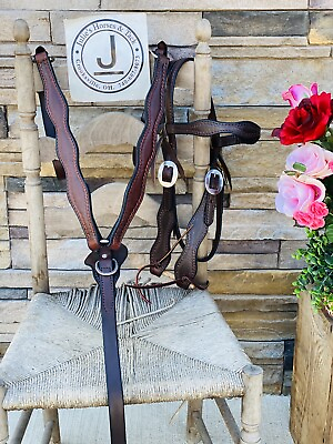 #ad Circle L Handmade Leather Stitched Headstall Breast Collar Dark Oil Browband