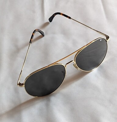 #ad AO American Optical Aviator Sunglasses 58 14 Gold Color Frame Grey Lens USA Made $79.99