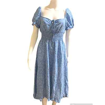 #ad Shein Women#x27;s Size Large Dress Blue Floral Tie Neck Frilled Hem Puff Sleeve