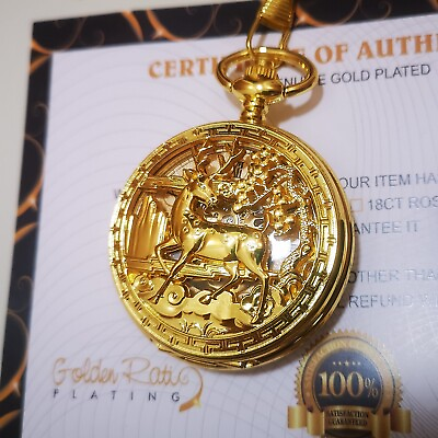 #ad 24k Gold Plated Pacifistor Deer Mechanical Pocket Watch Full Hunter Gift 24ct