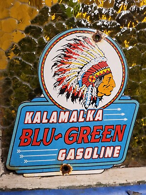 #ad VINTAGE KALAMALKA PORCELAIN SIGN BLU GREEN GASOLINE SERVICE STATION INDIAN CHIEF
