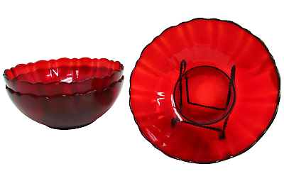#ad Arcoroc France Red Glass Tulip Rim 8quot; Wide Cereal Soup Bowls Set of 3