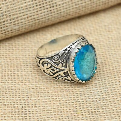 #ad 925 Sterling Silver Blue Topaz Gemstone Ring Classic Men#x27;s Ring All Size R180