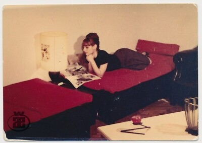 #ad Vintage Woman Laying Reading Retro Room Red Decor Authentic 1960s Photograph 185