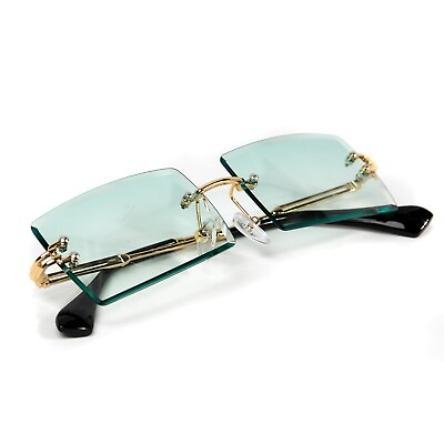 #ad Rimless Retro Mens Rectangle Gold Frame Blue Turquoise Gradient Tint Sunglasses $10.99