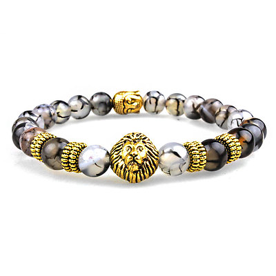 #ad Men#x27;s Natural Stone Gold Lion Buddha Beaded Charm Bracelet 8MM Gift for Him USA