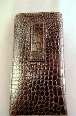 #ad Dark BROWN leather embossed croco pattern Eyeglass Glasses Case with CLIP