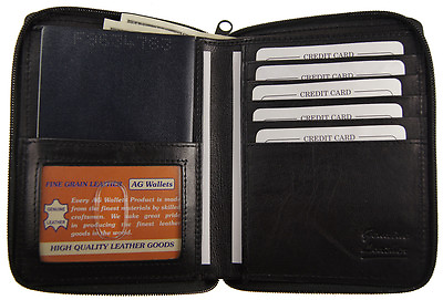 #ad Genuine Leather Travel Zip Around Bifold Passport Cover Wallet Purse ID window