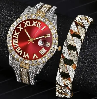 #ad Luxury Design Two Tone Rhinestone Steel Band Quartz Crystal Watch Bracelet
