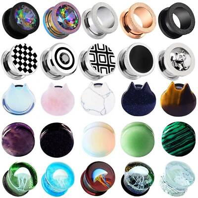 #ad 1 Pair Glassamp;Steelamp;Stone Ear Plugs Tunnels Piercing Jewelry Ear Gauges 2g 5 8quot;
