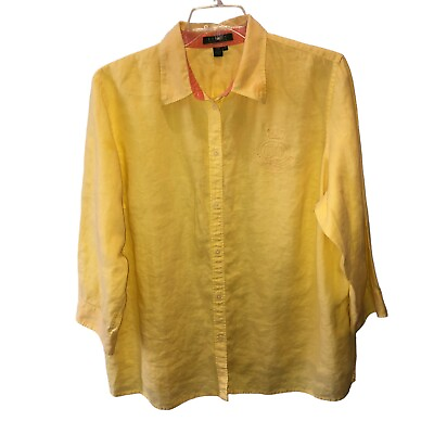 #ad Lauren Ralph Lauren Women Size 2X Yellow Linen 3 4 Sleeve Button Up Collar Shirt