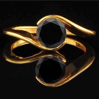 #ad 1.50Ct Round Shape Natural Jet Black Diamond Women#x27;s Ring In 14KT Yellow Gold