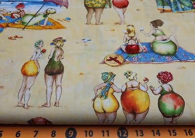 #ad Elizabeth#x27;s Studio Fruit Ladies on the Beach Cotton Fabric