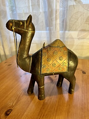 #ad Wooden Handcrafted Decorative Brass Copper Fitted Camel 12quot;
