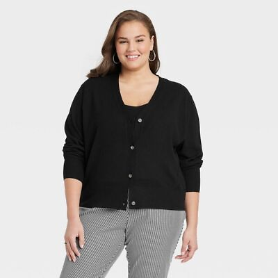 #ad NEW Women#x27;s Button Front Fine Gauge Ribbed Cardigan A New Day Black Size 1X