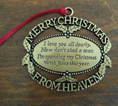 #ad 1989 John W. Mooney Jr Christmas Ornament Gold Metal Merry Xmas From Heaven 2384