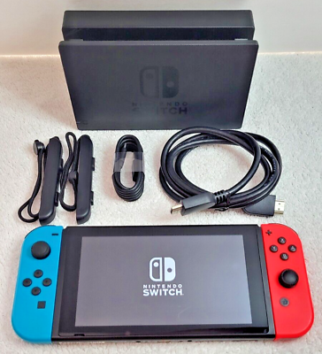 #ad Nintendo Switch Console w 2 Joy Cons 2 Straps Dock Power HDMI Cable Tested