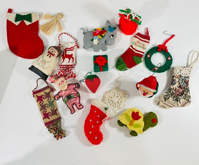 #ad Vintage Mix Lot of 17 Handmade Fabric Quilt Christmas Ornaments Stocking Santa