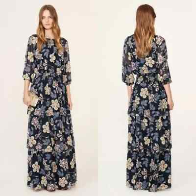#ad Tory Burch Silk Floral Indie Tiered Maxi Dress Size 0 Black Hopewell Runs Large