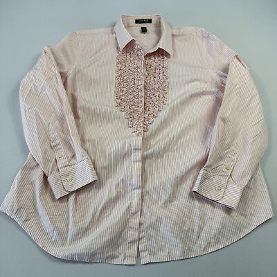#ad Lauren Ralph Lauren Women’s Button Up Shirt Striped Ruffled White Pink Sz 2X