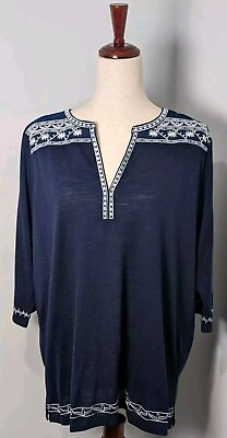 #ad Urban Coco Women#x27;s Boho Embroidered Peasant Top 3 4 Sleeves Navy White Size L