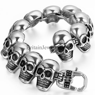 #ad 9quot; Rock Men#x27;s Stainless Steel Heavy Gothic Skull Chain Link Bracelet Boys Gift