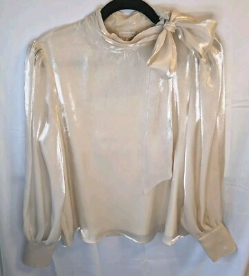 #ad NWT Womens Blouse Size Small Shiny Gold Sheer Champagne Long Sleeve Tie Neck Top $18.00