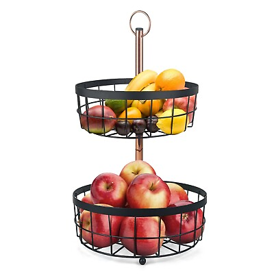 #ad 2 Tier Fruit Basket Bowl Vegetable Storage Countertop Rack Black Gold Kitchen