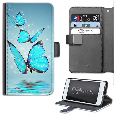 #ad Hairyworm Three Blue Butterflies Deluxe PU Leather Wallet Phone Case;Flip Case
