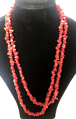 #ad Red Coral Beaded Necklace 62quot; Sterling Clasp New Old Stock NWOT