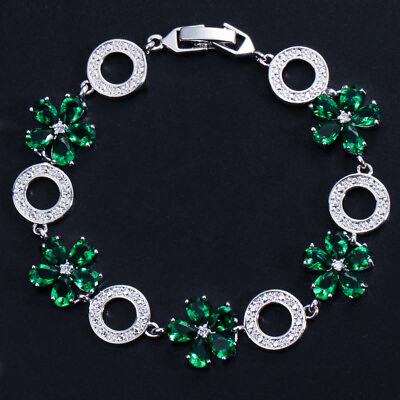 #ad Top Emerald Green CZ Flower Round Charm Bracelet Bangle for Fiancee Engagement