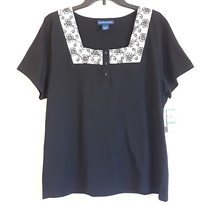 #ad Karen Scott Top Sz L Black White Embroidered Floral Square Neck Short Sleeve NWT