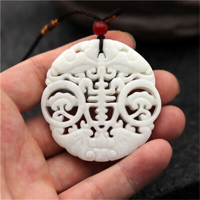 #ad Jade Bat Pendant Necklace Amulet Double sided Carved White Jewelry Charm Natural