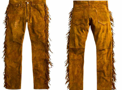 #ad Mens New Brown Buckskin Suede leather Western Hippy Fringes Pants N8
