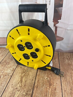 #ad 25’ Extension cord reel 4 outlet yellow black amp breaker