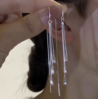 #ad Women Silver Plated Waterdrop Tassel Threader Dangle Drop Earrings Fashion TH3