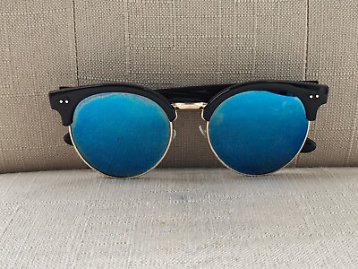 #ad Unisex Sunglasses Blue Mirror Lenses Black Gold Tone Sunglasses 54 21 150