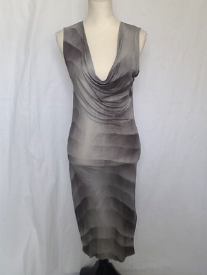 #ad Helmut Lang Designer Gray White Striped Drape Neck Dress Small